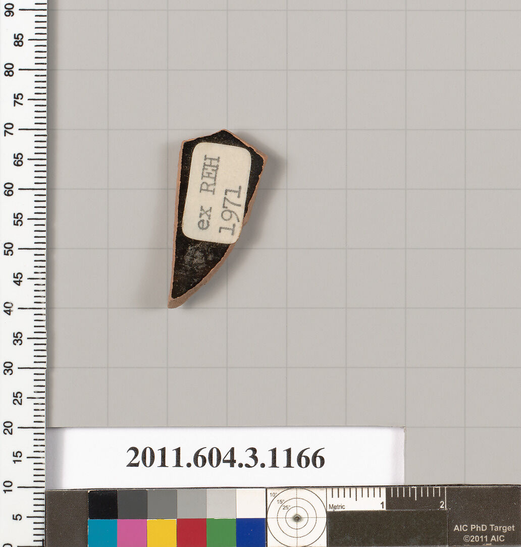 Terracotta fragment of a mastoid (drinking cup with narrow base) or a kyathos (cup-shaped ladle), Terracotta, Greek, Attic
