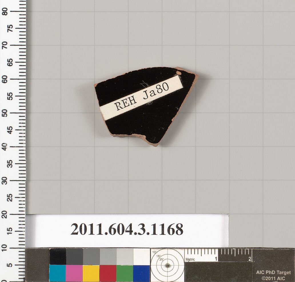 Terracotta fragment of a mastoid (drinking cup with narrow base) or a kyathos (cup-shaped ladle), Terracotta, Greek, Attic