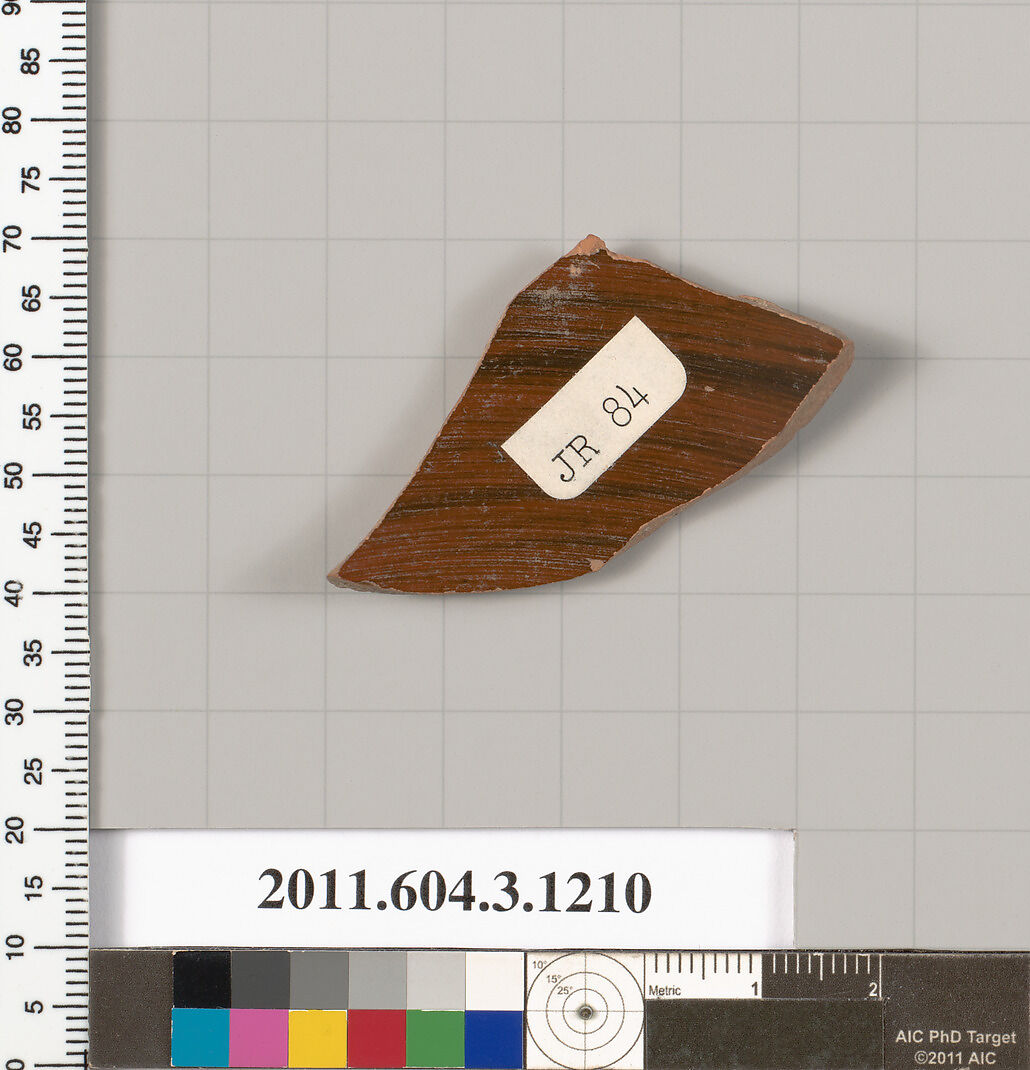 Terracotta fragment of a mastoid (drinking cup with narrow base) or a kyathos (cup-shaped ladle), Terracotta, Greek, Attic