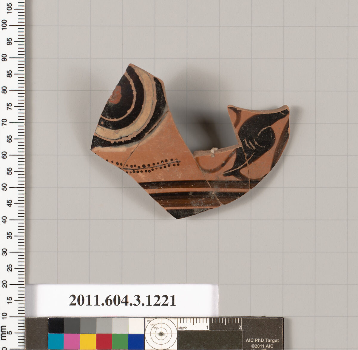 Terracotta rim fragment of a kyathos (cup-shaped ladle), Terracotta, Greek, Attic 