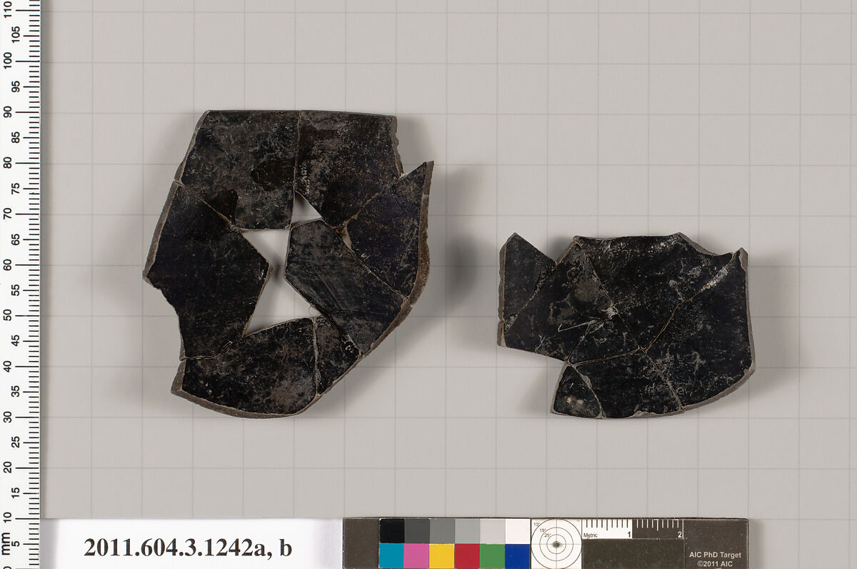 Terracotta fragments of a kyathos (cup-shaped ladle), Terracotta, Greek, Attic