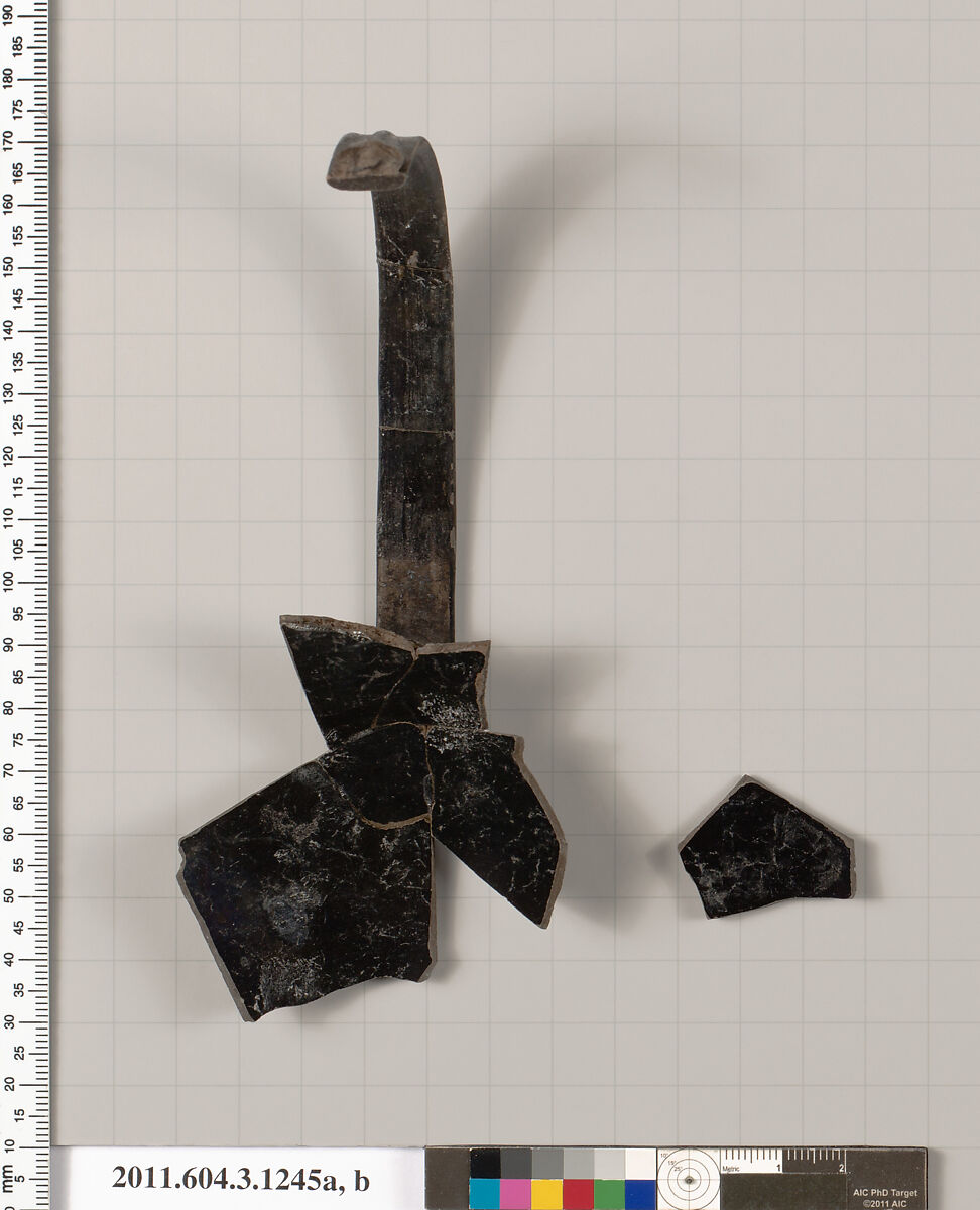 Terracotta fragments of a kyathos (cup-shaped ladle), Terracotta, Greek, Attic
