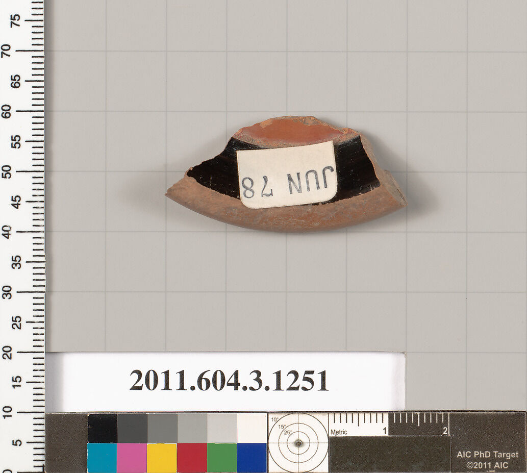Terracotta fragment of a kyathos (cup-shaped ladle), Terracotta, Greek, Attic