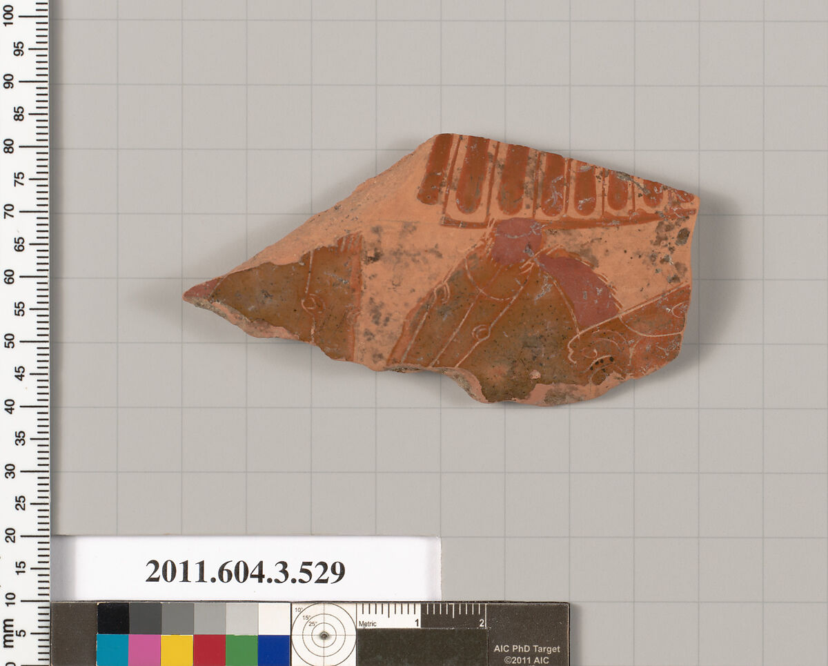 Terracotta fragment of a column-krater (bowl for mixing wine and water), Terracotta, Greek, Attic 