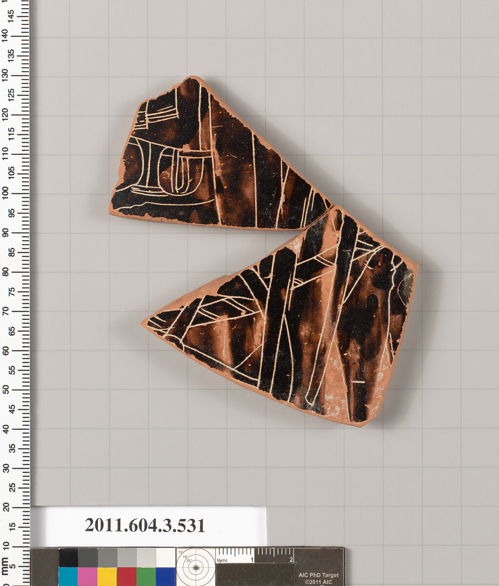 Terracotta fragment of a column-krater (bowl for mixing wine and water), Terracotta, Greek, Attic 