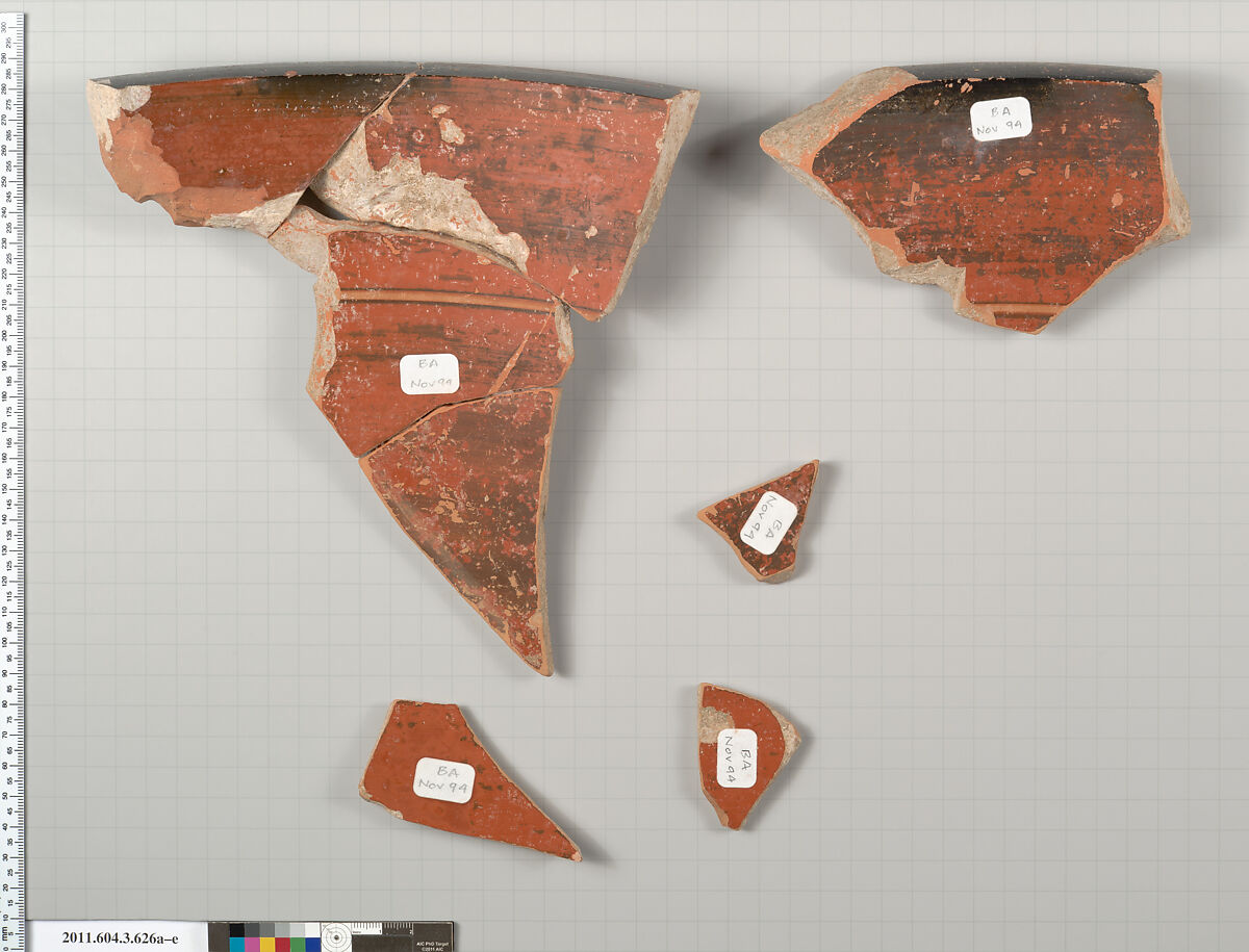 Terracotta fragments of a calyx-krater (bowl for mixing wine and water), Terracotta, Greek, Attic