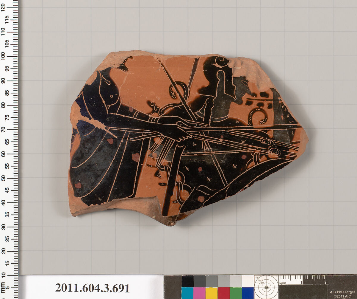 Terracotta fragment of a hydria (water jar), Terracotta, Greek, Attic 