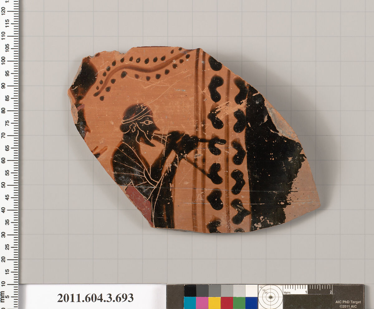 Terracotta fragment of a hydria (water jar), Terracotta, Greek, Attic 