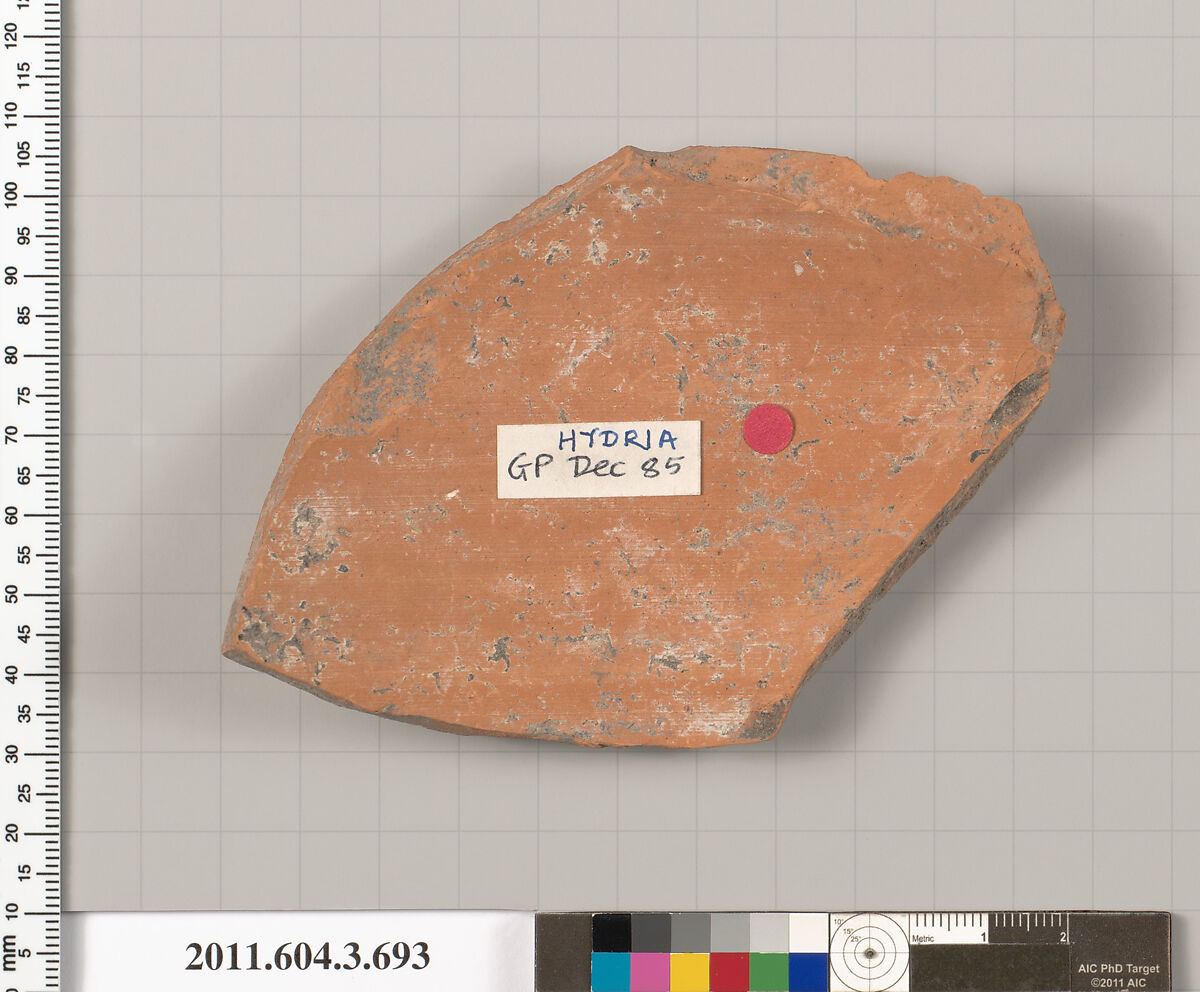Terracotta fragment of a hydria (water jar), Terracotta, Greek, Attic