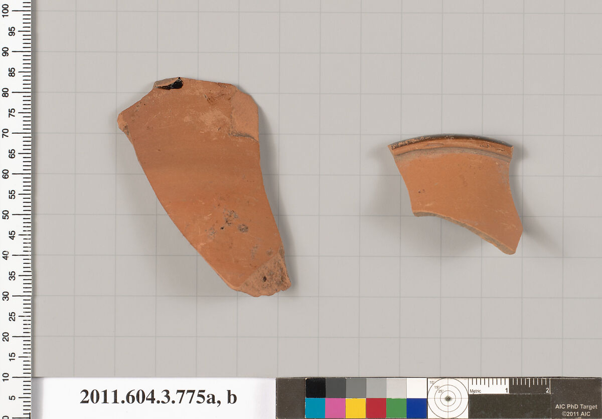Terracotta fragments of an oinochoe: olpe (jug), Terracotta, Greek, Attic