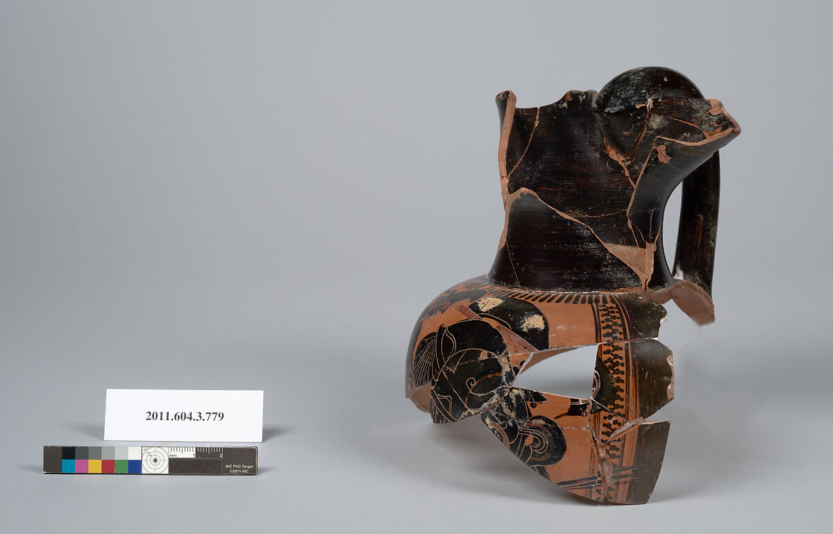 Terracotta fragments of an oinochoe (jug), Terracotta, Greek, Attic