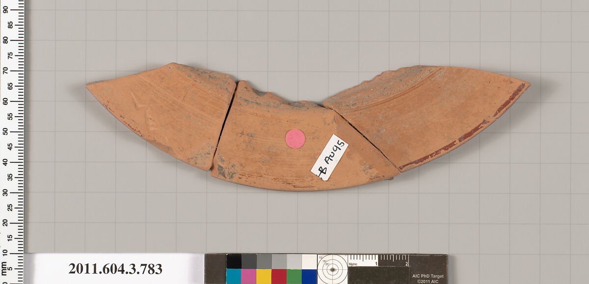 Terracotta fragment of a lid, Terracotta, Greek, Attic
