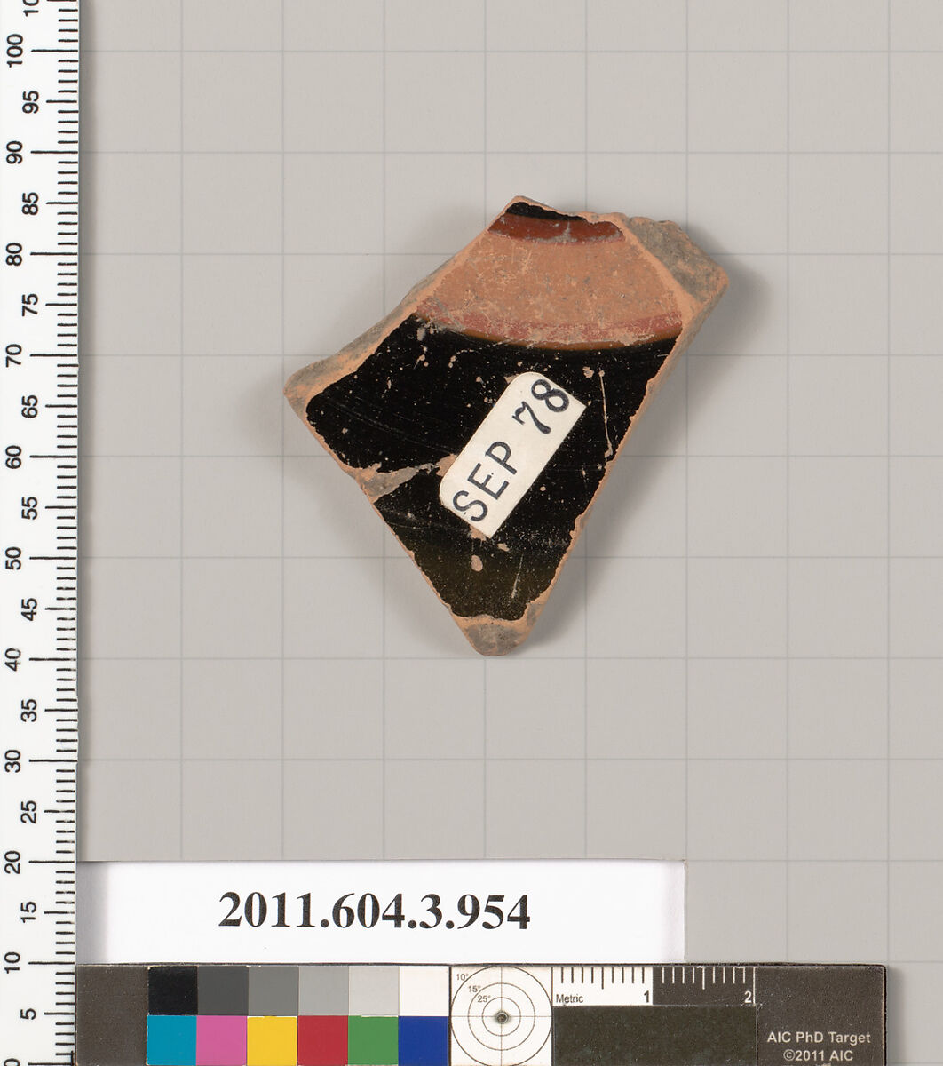 Terracotta fragment of a lekanis lid (covered dish), Terracotta, Greek, Attic