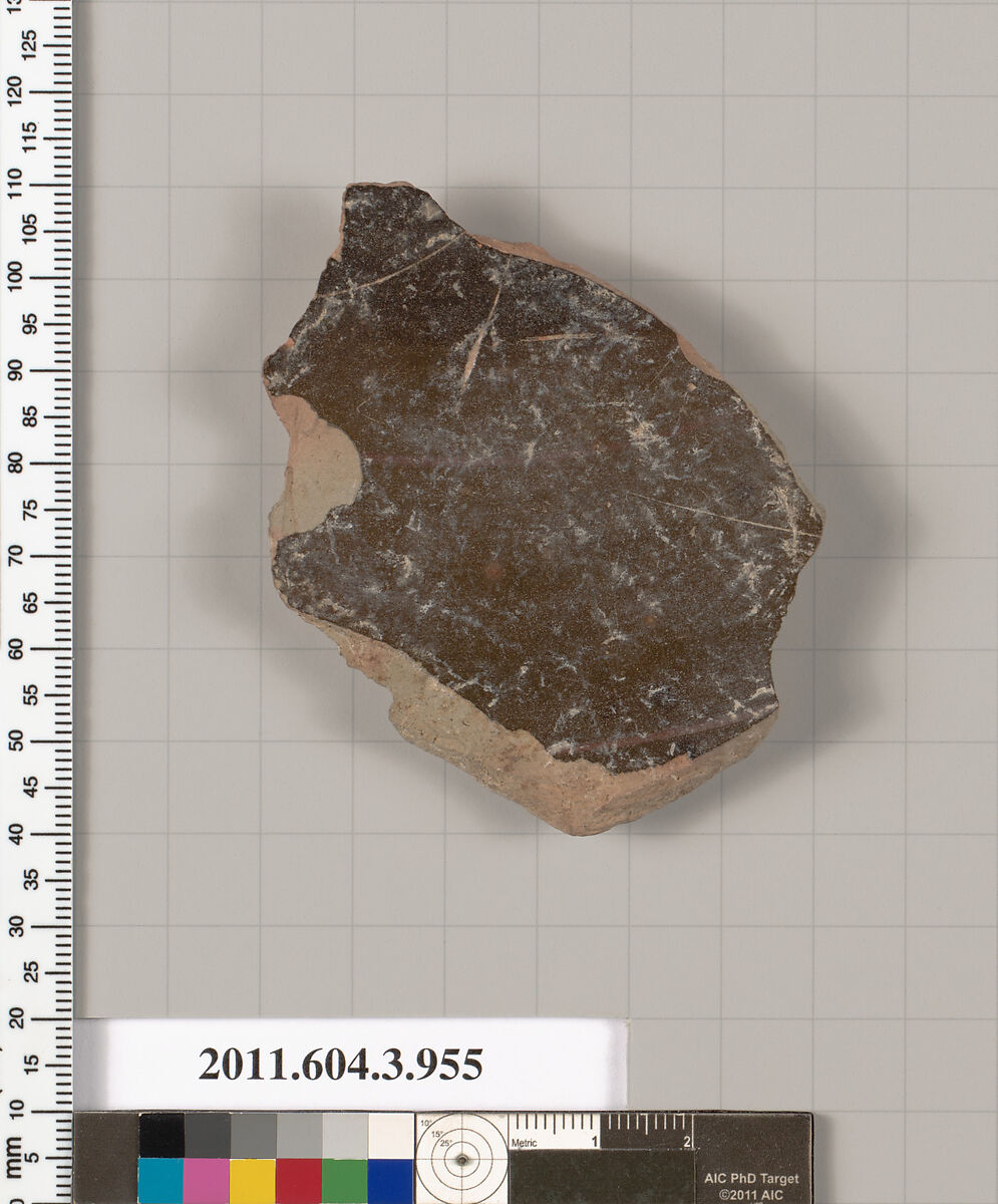 Terracotta fragment of a lekanis lid (covered dish), Terracotta, Greek, Attic