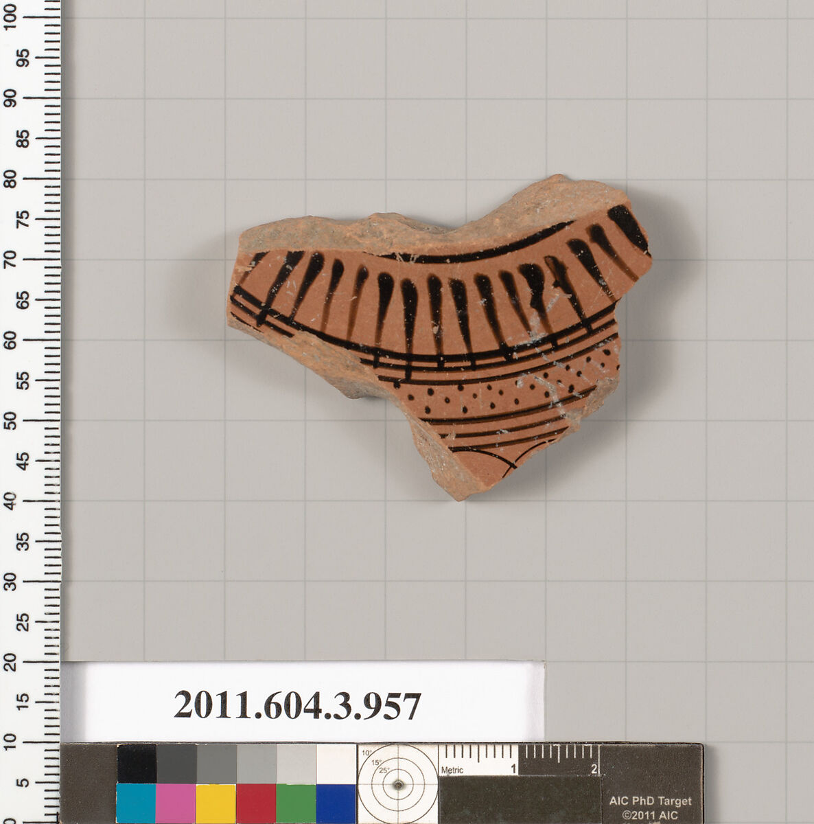 Terracotta fragment of a lekanis lid (covered dish), Terracotta, Greek, Attic 