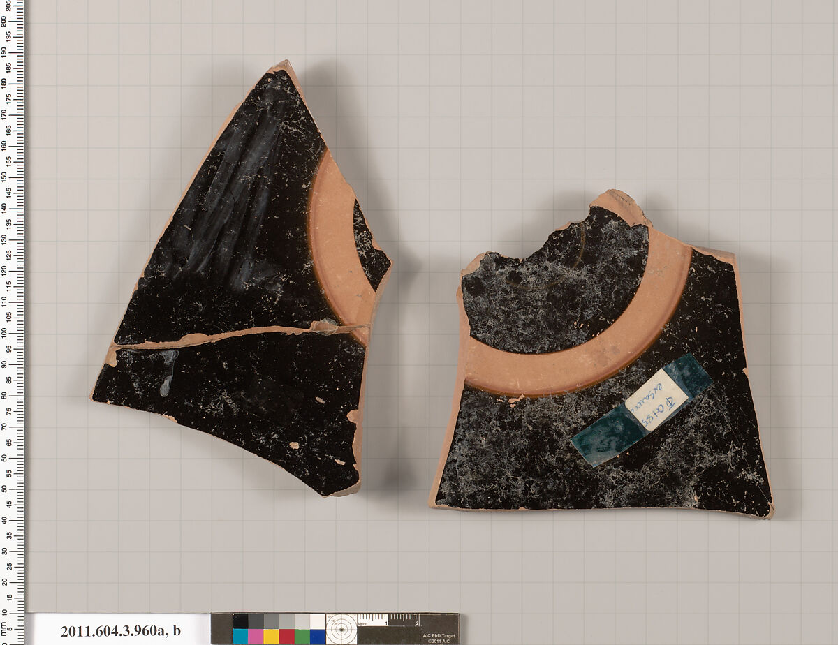 Terracotta fragments of a lekanis lid (covered dish), Terracotta, Greek, Attic
