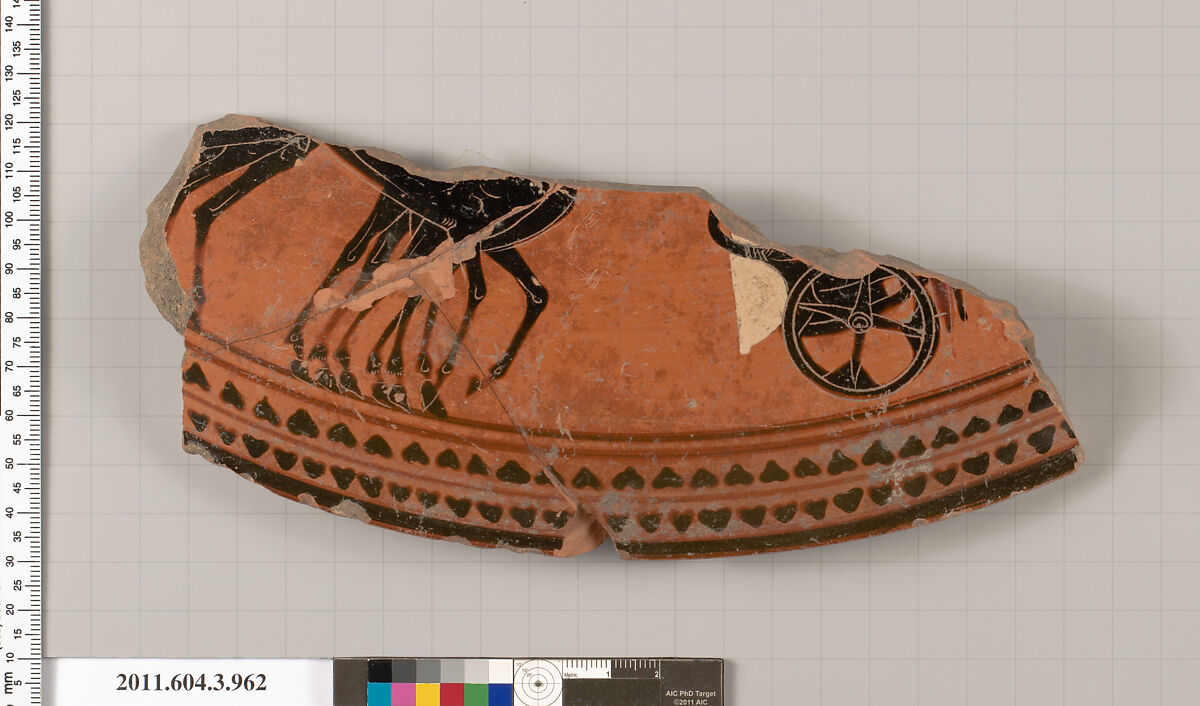 Terracotta fragment of a lekanis lid (covered dish), Terracotta, Greek, Attic 