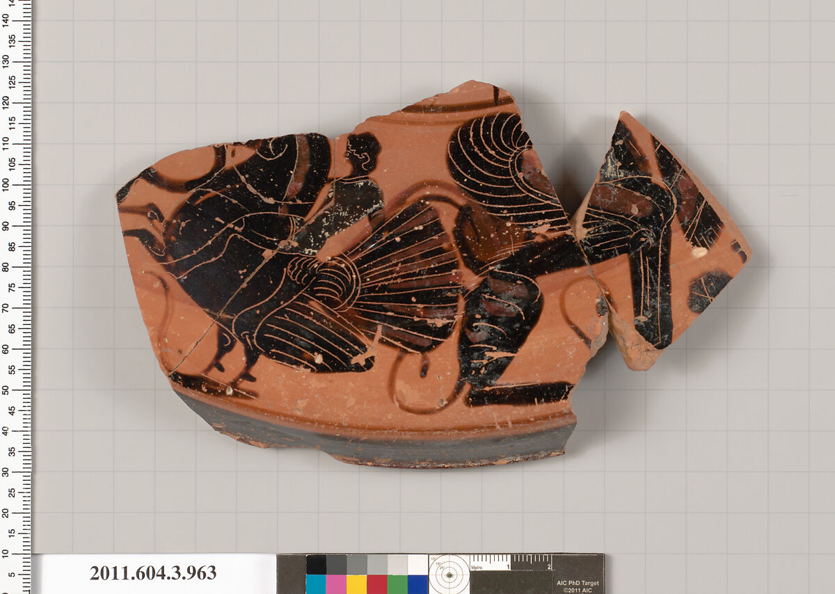 Terracotta fragment of a lekanis lid (covered dish), Terracotta, Greek, Attic 