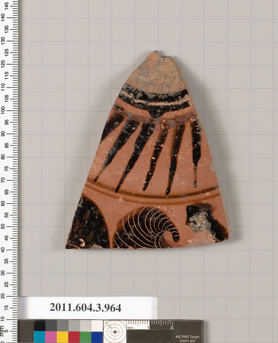 Terracotta fragment of a lekanis lid (covered dish), Terracotta, Greek, Attic 