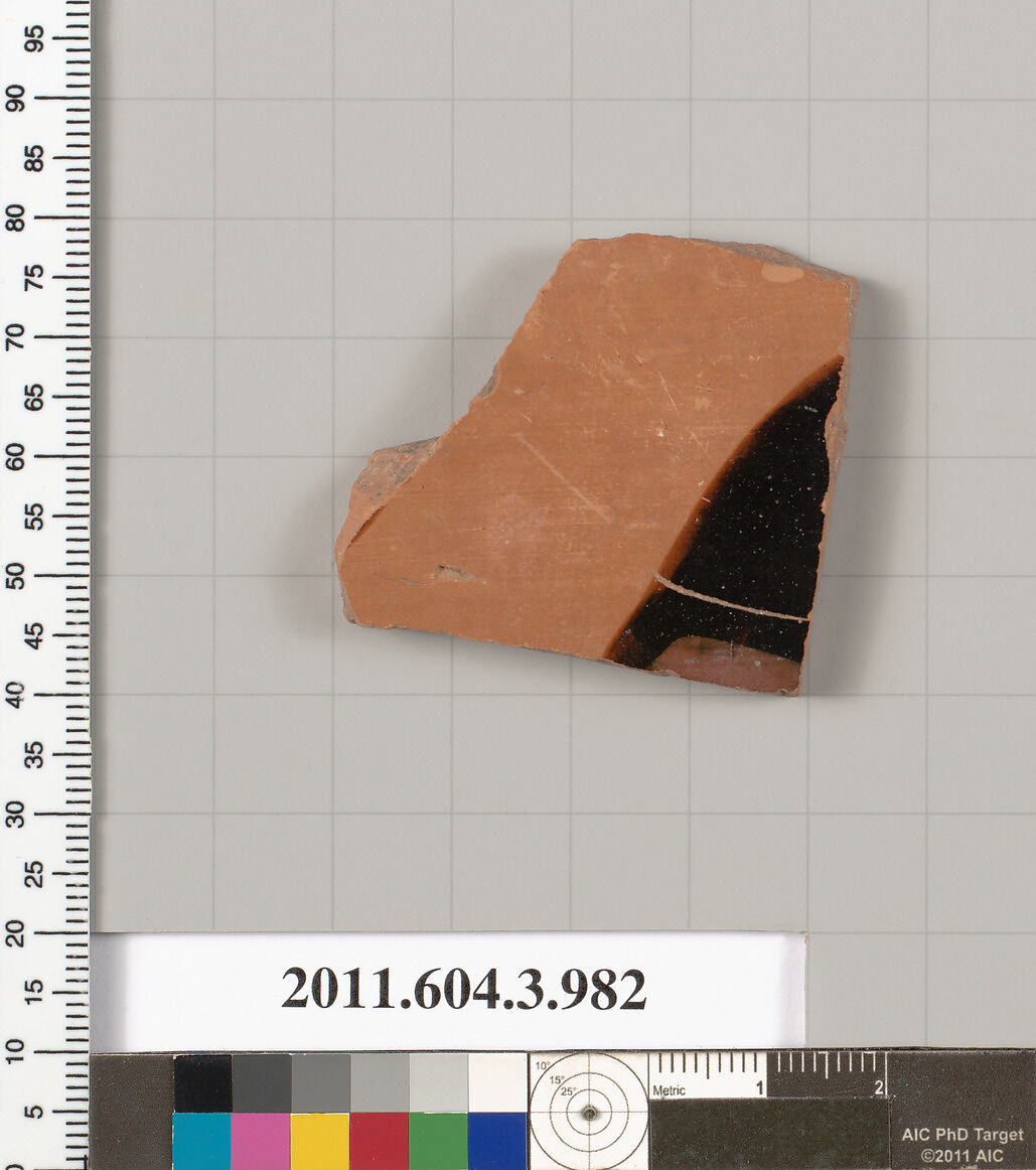 Terracotta fragment of a lekanis lid (covered dish), Terracotta, Greek, Attic 