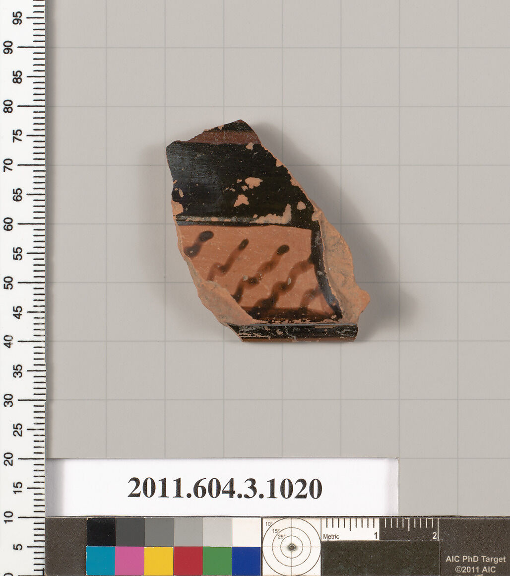 Terracotta fragment of a lekanis (covered dish), Terracotta, Greek, Attic 