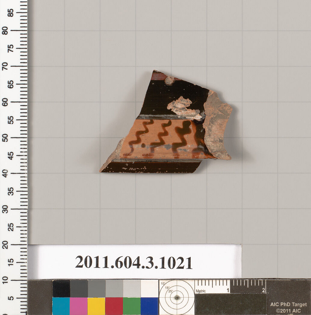 Terracotta fragment of a lekanis (covered dish), Terracotta, Greek, Attic 