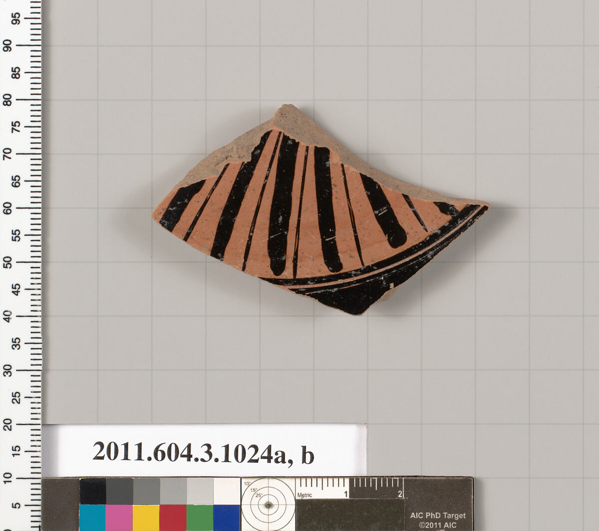Terracotta fragment of a lekanis lid (covered dish)?, Terracotta, Greek, Attic 
