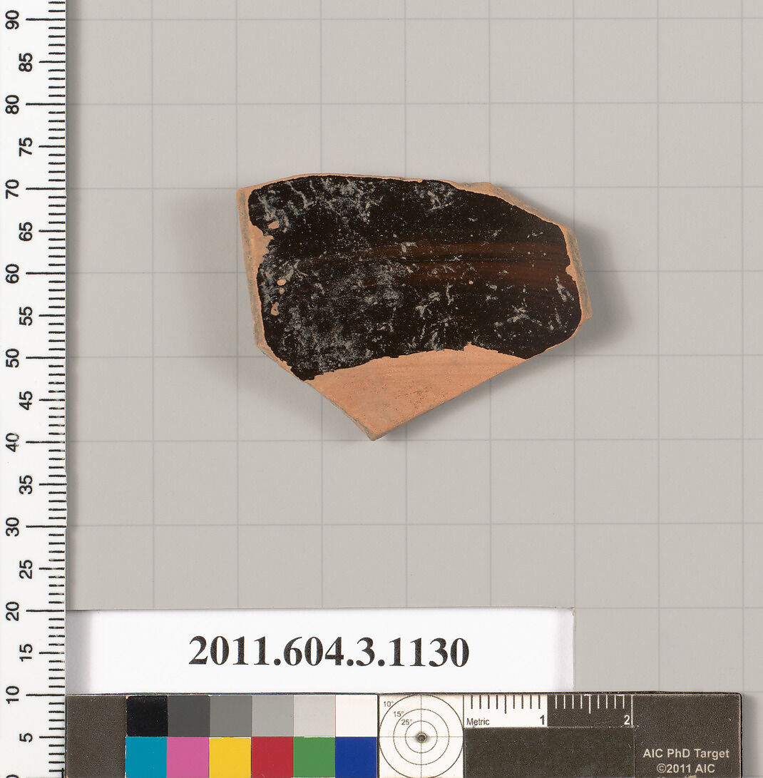 Terracotta fragment of a mastoid (drinking cup with narrow base) or a kyathos (cup-shaped ladle), Terracotta, Greek, Attic