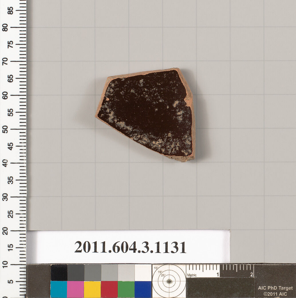 Terracotta fragment of a mastoid (drinking cup with narrow base) or a kyathos (cup-shaped ladle), Terracotta, Greek, Attic