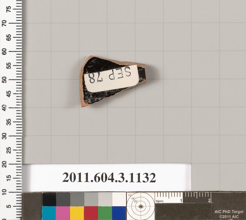 Terracotta fragment of a mastoid (drinking cup with narrow base) or a kyathos (cup-shaped ladle), Terracotta, Greek, Attic