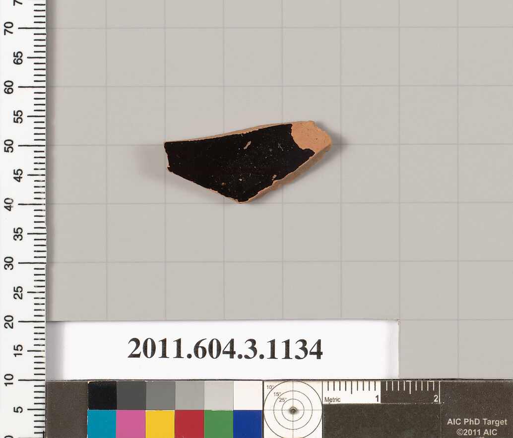 Terracotta fragment of a mastoid (drinking cup with narrow base) or a kyathos (cup-shaped ladle), Terracotta, Greek, Attic