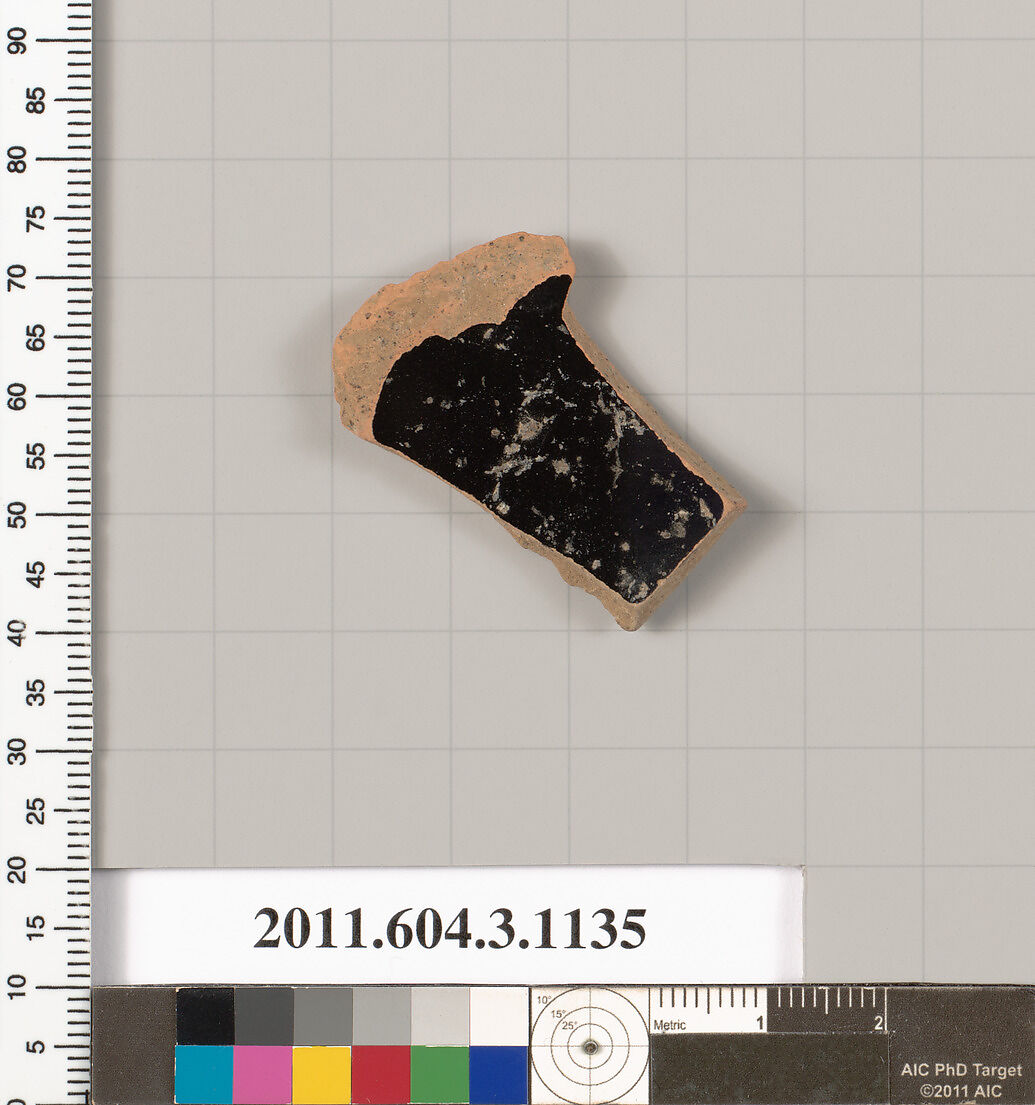 Terracotta fragment of a mastoid (drinking cup with narrow base) or a kyathos (cup-shaped ladle), Terracotta, Greek, Attic