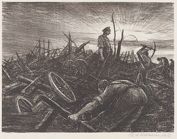 After a German Retreat: Labour Battalion Making a Road through a Captured Village, Christopher Richard Wynne Nevinson (British, London 1889–1946 London), Lithograph 