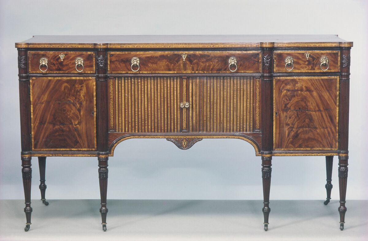 Sideboard Table, Attributed to Thomas Seymour (1771–1848), Primary: mahogany,mahogany and curly maple veneers, birch, holly (arch inlay) Causurina (she-oak) all light wood veneers and inlay, Sabicu (side veneer): secondary: soft maple (sides and sub-top), white pine (tops to end sections, backboard, drawer bottoms) cherry (drawer sides and back)., American