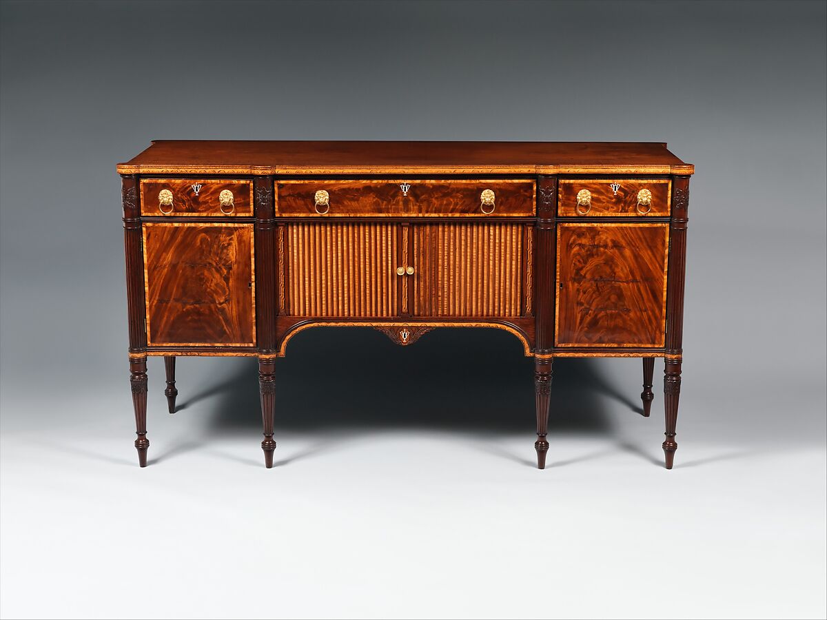 Sideboard Table, Attributed to Thomas Seymour (1771–1848), Primary: mahogany,mahogany and curly maple veneers, birch, holly (arch inlay) Causurina (she-oak) all light wood veneers and inlay, Sabicu (side veneer): secondary: soft maple (sides and sub-top), white pine (tops to end sections, backboard, drawer bottoms) cherry (drawer sides and back)., American 