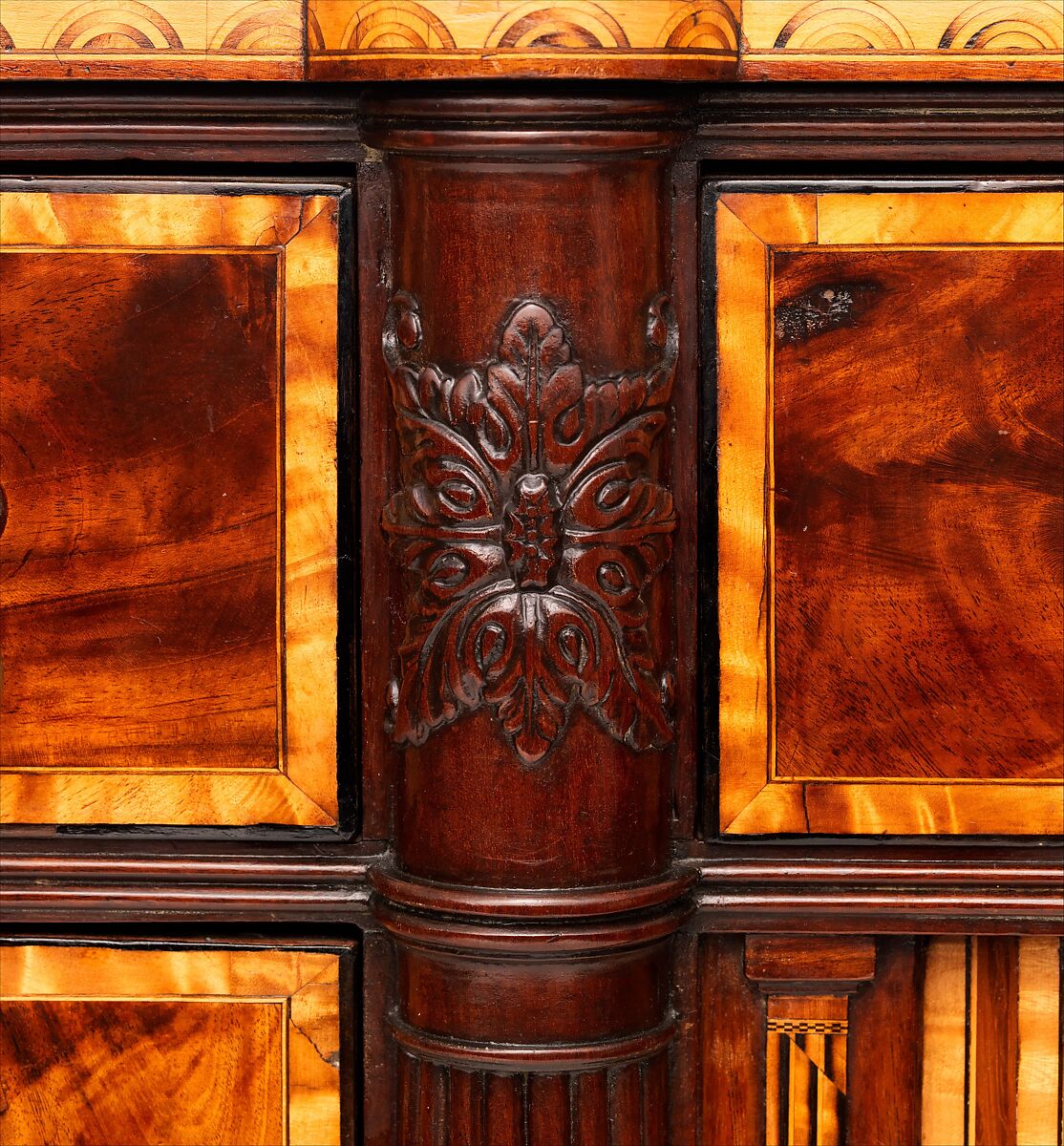 Sideboard Table, Attributed to Thomas Seymour (1771–1848), Primary: mahogany,mahogany and curly maple veneers, birch, holly (arch inlay) Causurina (she-oak) all light wood veneers and inlay, Sabicu (side veneer): secondary: soft maple (sides and sub-top), white pine (tops to end sections, backboard, drawer bottoms) cherry (drawer sides and back)., American