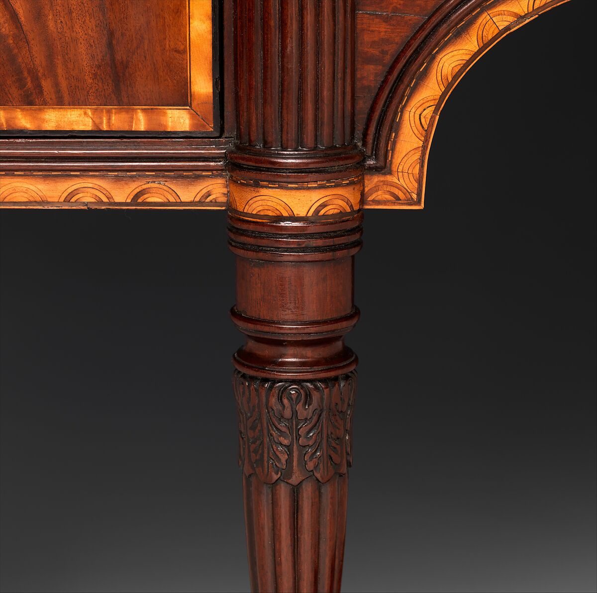 Sideboard Table, Attributed to Thomas Seymour (1771–1848), Primary: mahogany,mahogany and curly maple veneers, birch, holly (arch inlay) Causurina (she-oak) all light wood veneers and inlay, Sabicu (side veneer): secondary: soft maple (sides and sub-top), white pine (tops to end sections, backboard, drawer bottoms) cherry (drawer sides and back)., American