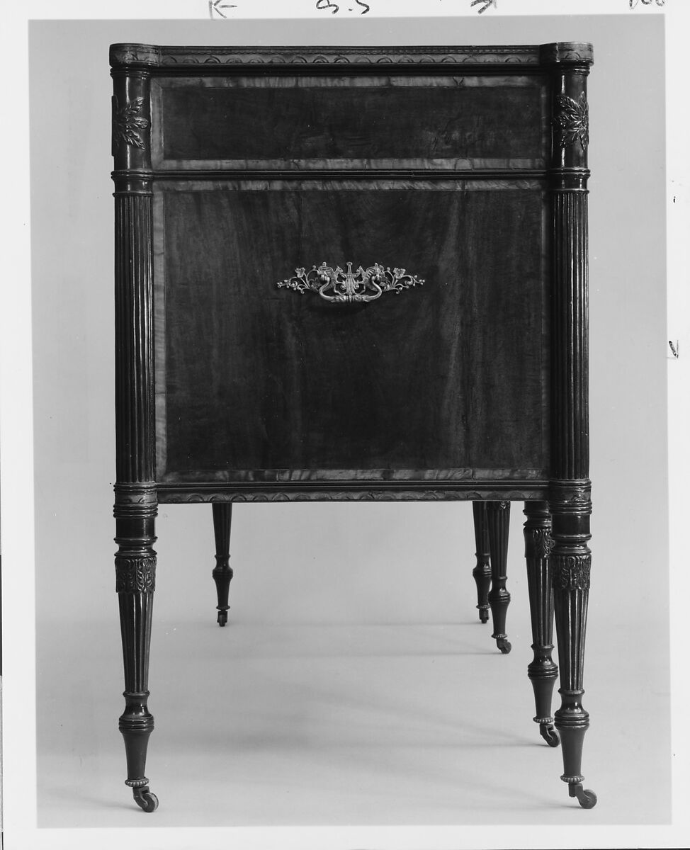 Sideboard Table, Attributed to Thomas Seymour (1771–1848), Primary: mahogany,mahogany and curly maple veneers, birch, holly (arch inlay) Causurina (she-oak) all light wood veneers and inlay, Sabicu (side veneer): secondary: soft maple (sides and sub-top), white pine (tops to end sections, backboard, drawer bottoms) cherry (drawer sides and back)., American