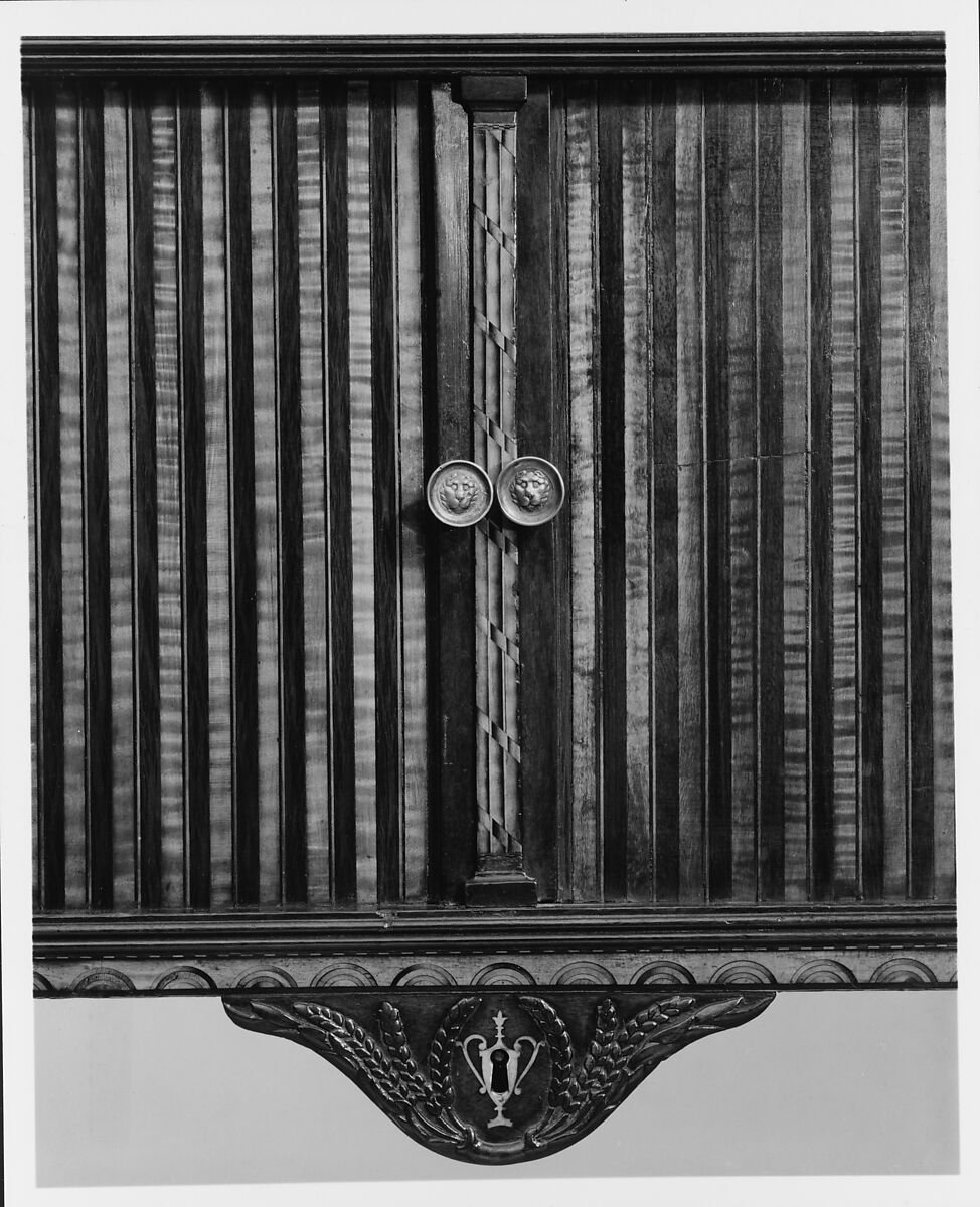 Sideboard Table, Attributed to Thomas Seymour (1771–1848), Primary: mahogany,mahogany and curly maple veneers, birch, holly (arch inlay) Causurina (she-oak) all light wood veneers and inlay, Sabicu (side veneer): secondary: soft maple (sides and sub-top), white pine (tops to end sections, backboard, drawer bottoms) cherry (drawer sides and back)., American