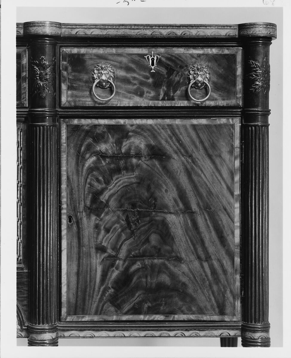 Sideboard Table, Attributed to Thomas Seymour (1771–1848), Primary: mahogany,mahogany and curly maple veneers, birch, holly (arch inlay) Causurina (she-oak) all light wood veneers and inlay, Sabicu (side veneer): secondary: soft maple (sides and sub-top), white pine (tops to end sections, backboard, drawer bottoms) cherry (drawer sides and back)., American