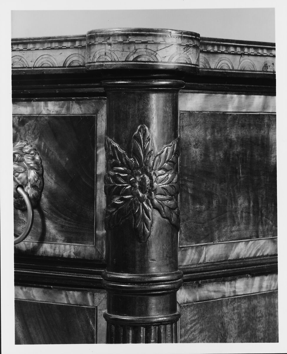 Sideboard Table, Attributed to Thomas Seymour (1771–1848), Primary: mahogany,mahogany and curly maple veneers, birch, holly (arch inlay) Causurina (she-oak) all light wood veneers and inlay, Sabicu (side veneer): secondary: soft maple (sides and sub-top), white pine (tops to end sections, backboard, drawer bottoms) cherry (drawer sides and back)., American