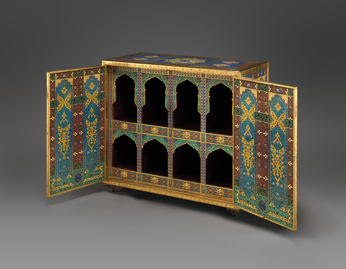 Cabinet, Maison Barbedienne (French, 1834–1954), Brass, with polychrome cloisonné enamel; velvet, French, Paris