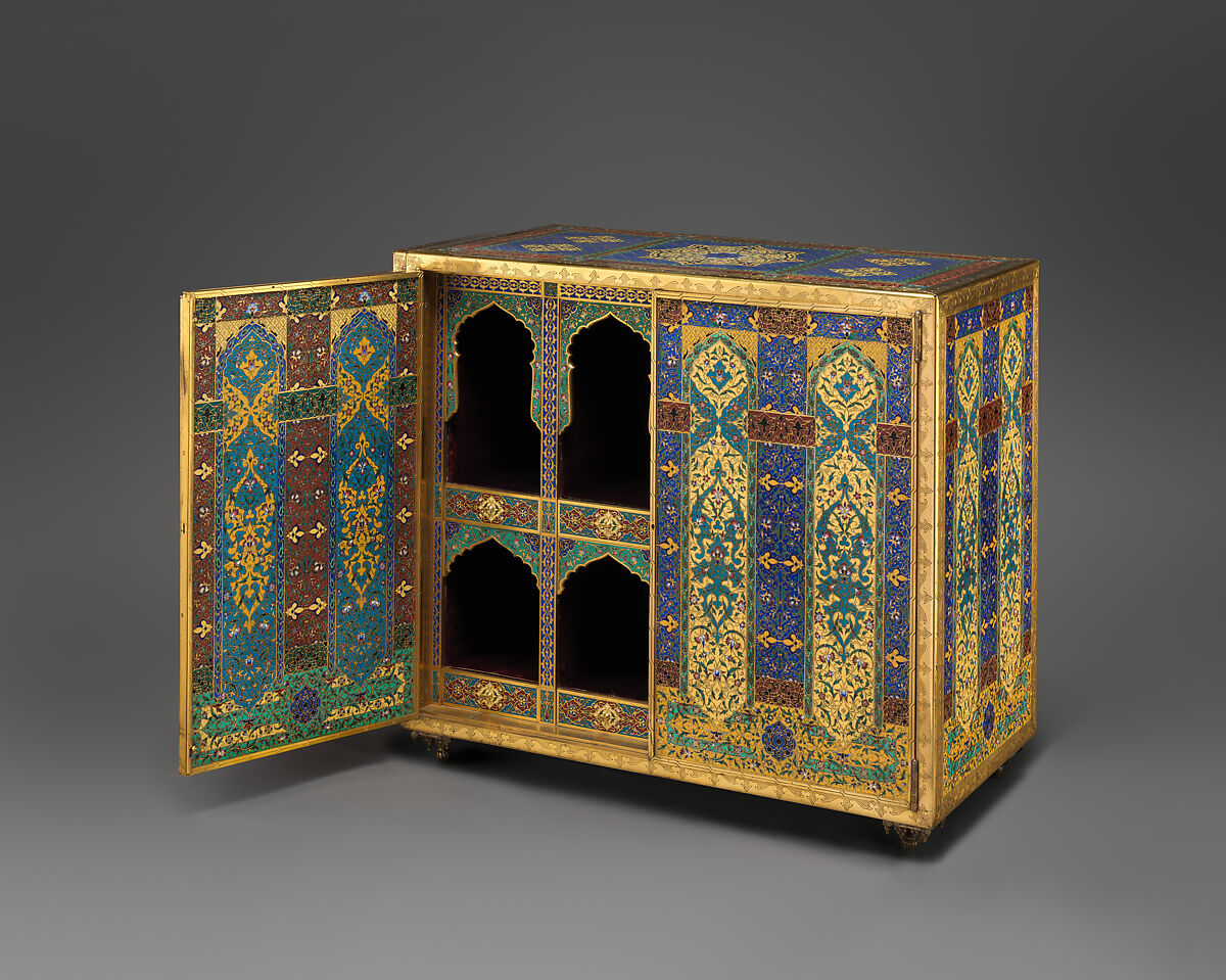 Cabinet, Maison Barbedienne (French, 1834–1954), Brass, with polychrome cloisonné enamel; velvet, French, Paris 