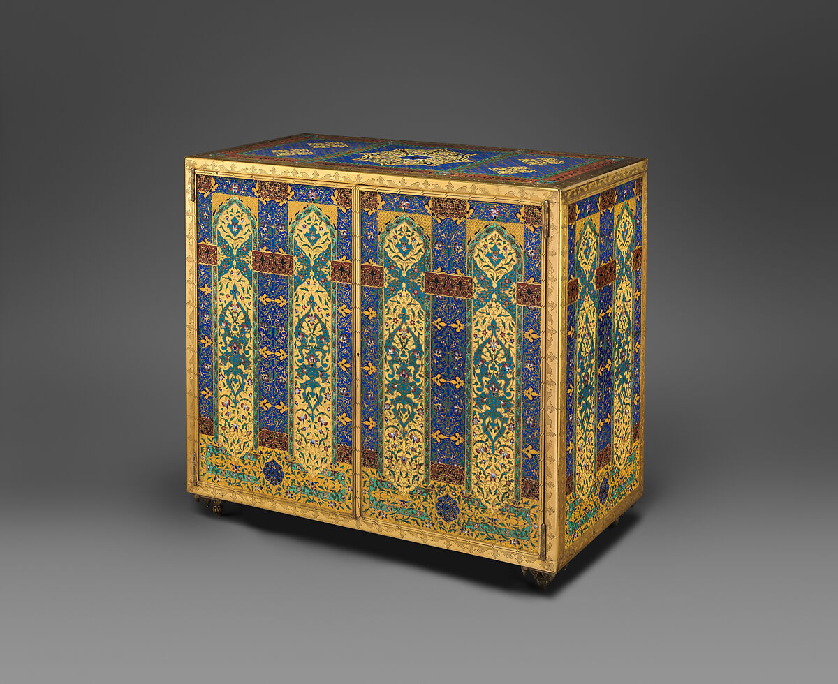 Cabinet, Maison Barbedienne (French, 1834–1954), Brass, with polychrome cloisonné enamel; velvet, French, Paris