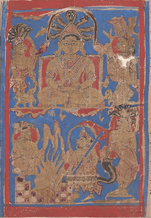Leaf from a Kalpa Sutra (Jain Book of Rituals), Bhadrabahu (Indian, died ca. 356 BCE), Ink, opaque watercolor, and gold on paper, India (Gujarat)