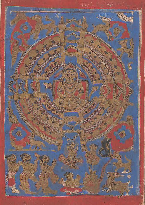 Leaf from a Kalpa Sutra (Jain Book of Rituals), Bhadrabahu (Indian, died ca. 356 BCE), Ink, opaque watercolor, and gold on paper, India (Gujarat)