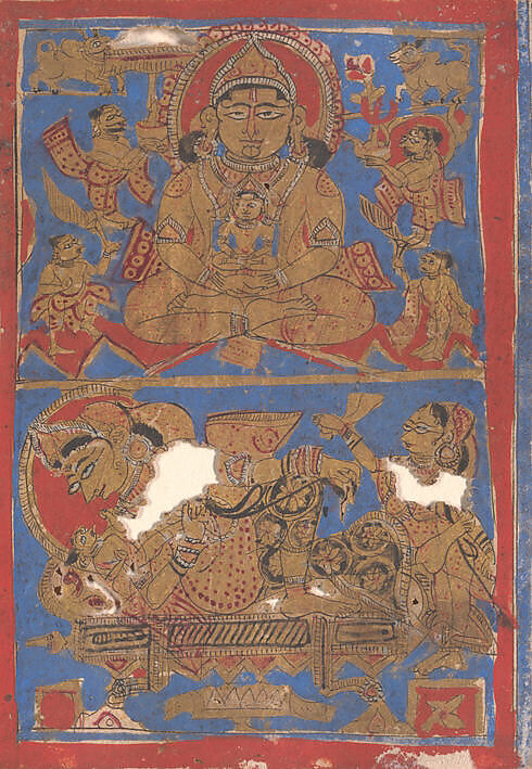 Leaf from a Kalpa Sutra (Jain Book of Rituals), Bhadrabahu (Indian, died ca. 356 BCE), Ink, opaque watercolor, and gold on paper, India (Gujarat)
