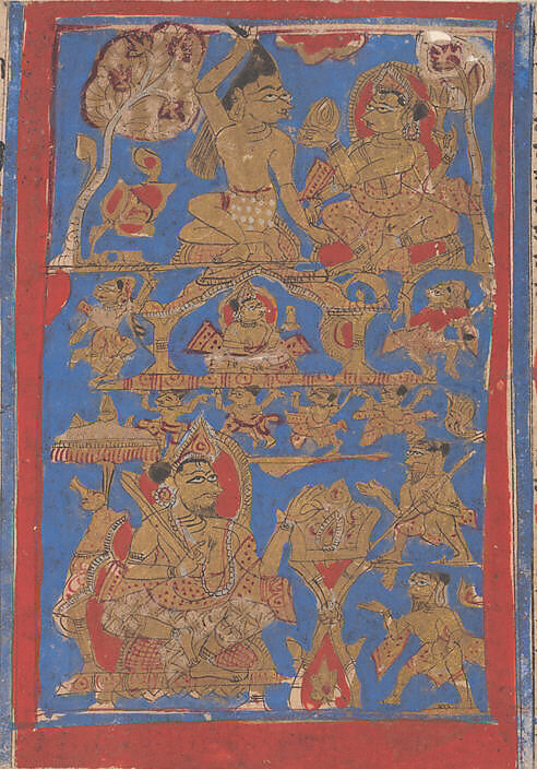Leaf from a Kalpa Sutra (Jain Book of Rituals), Bhadrabahu (Indian, died ca. 356 BCE), Ink, opaque watercolor, and gold on paper, India (Gujarat)