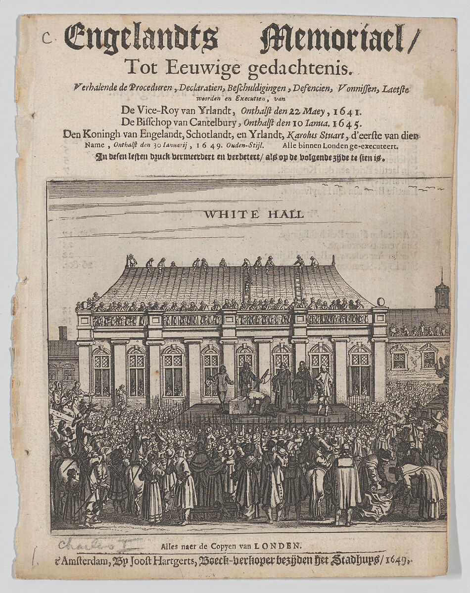 The Execution of King Charles I (Title page: Engelandts Memoriael), Joost Hartgerts (Dutch, active 1649), Etching 