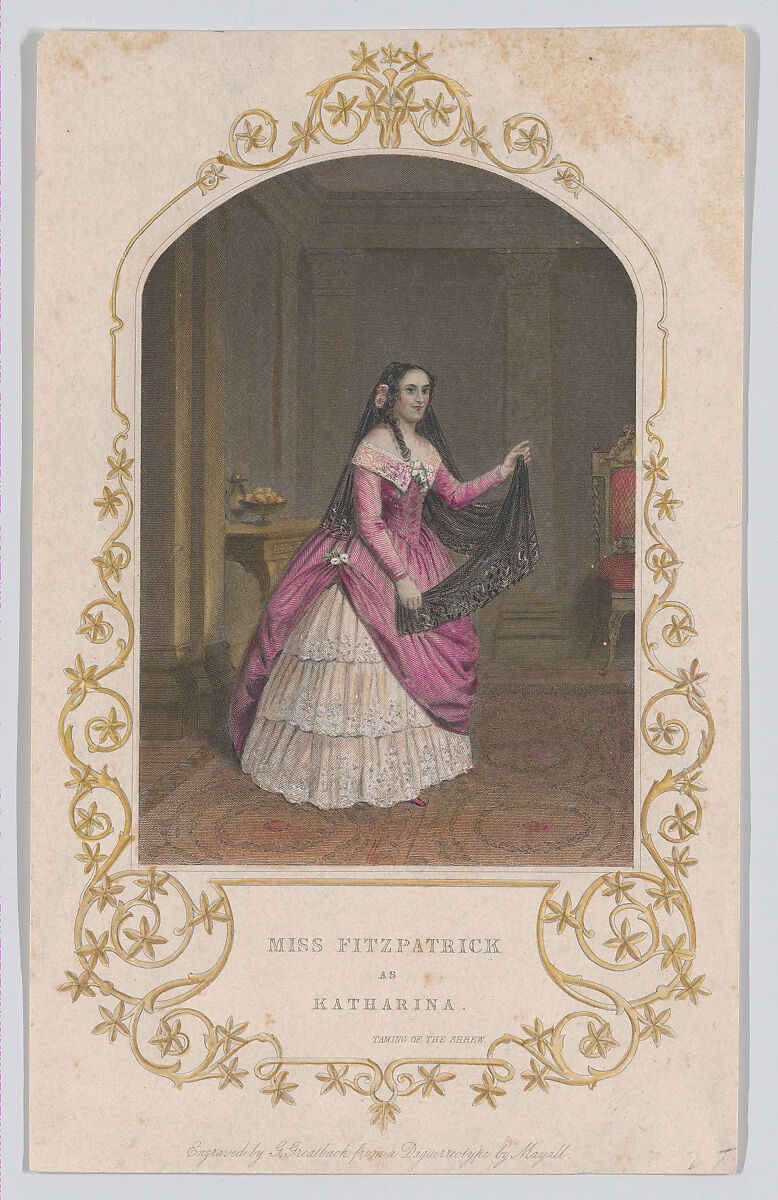 Miss Fitzpatrick as Katharina (Taming of the Shrew), George Greatbach (British, Stoke-on-Trent 1819–1884 Friern Park, Middlesex), Engraving, hand-colored 